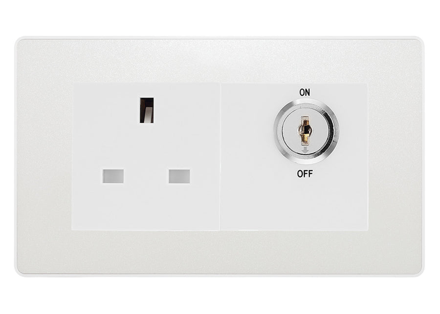 BG Evolve Pearlescent White 13A Double Pole Key Controlled Socket – White Inserts