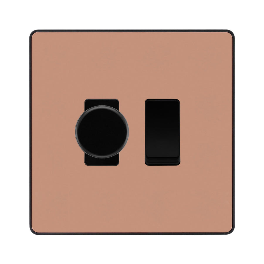 BG Evolve Polished Copper 2 Gang Light Switch 1x Trailing Edge LED Dimmer 1x 2 Way Custom Switch