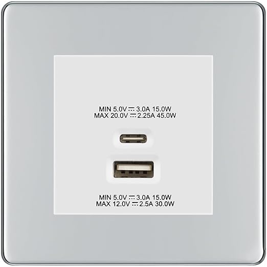 BG Polished Chrome 45W USB Wall Socket Euro Module USB-A & C - White Insert