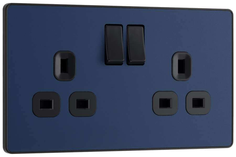 PCDDB22B Front - This Evolve Matt Blue 13A double switched socket from British General has been designed with angled in line colour coded terminals and backed out captive screws for ease of installation, and fits a 25mm back box making it an ideal retro-fit replacement for existing sockets.