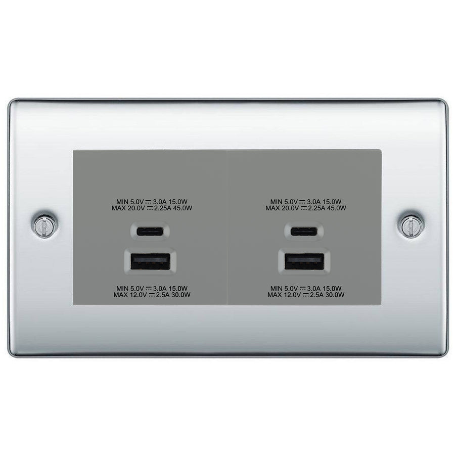 BG Polished Chrome 4G Faceplate with 45W USB A+C Charger Modules - Grey Insert
