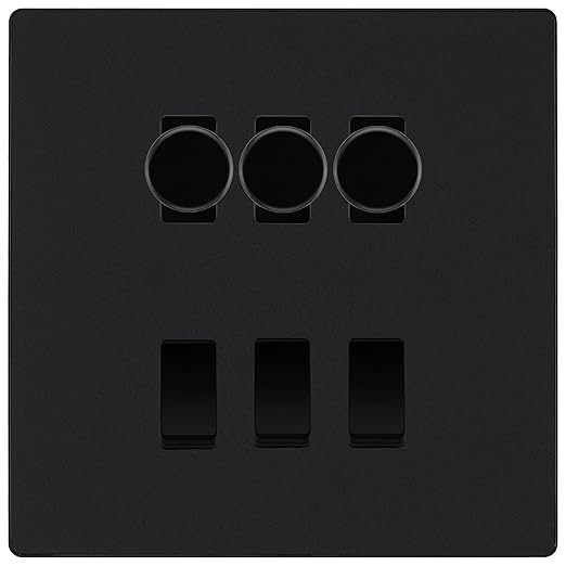 BG Evolve Matt Black 6 Gang Switch 3x Trailing Edge LED Dimmer 3x Intermediate Custom Grid Switch