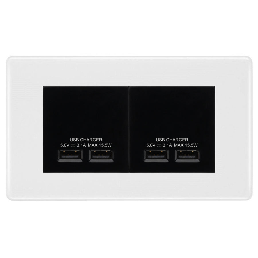 BG Nexus White 4-Gang Euro Plate with 2X USB-A Dual Chargers – Black Insert