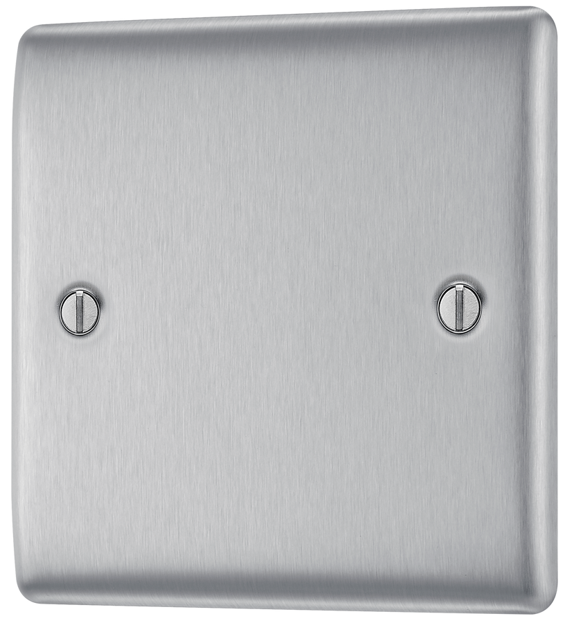 NBS94 Front - This premium brushed steel finish single blank plate from British General is ideal for covering unused electrical connections and has a sleek and slim profile, with softly rounded edges and an anti-fingerprint lacquer to reduce unsightly fingerprint marks.