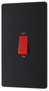 PCDMB72B Front - This Evolve Matt Black 45A double pole switch with indicator from British General is ideal for use with cookers and has a large mounting plate measuring 146mm high x 86mm wide.