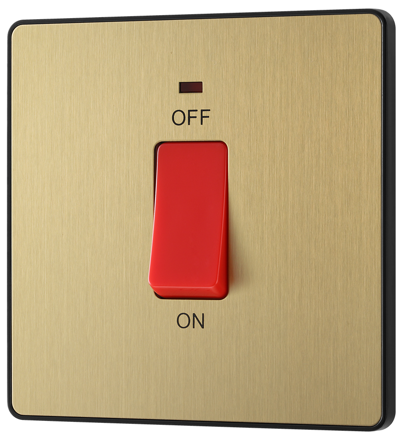 PCDSB74B Front - This Evolve Satin Brass 45A double pole switch with indicator from British General is ideal for use with cookers and ovens. This switch has a low profile screwless flat plate that clips on and off, making it ideal for modern interiors.