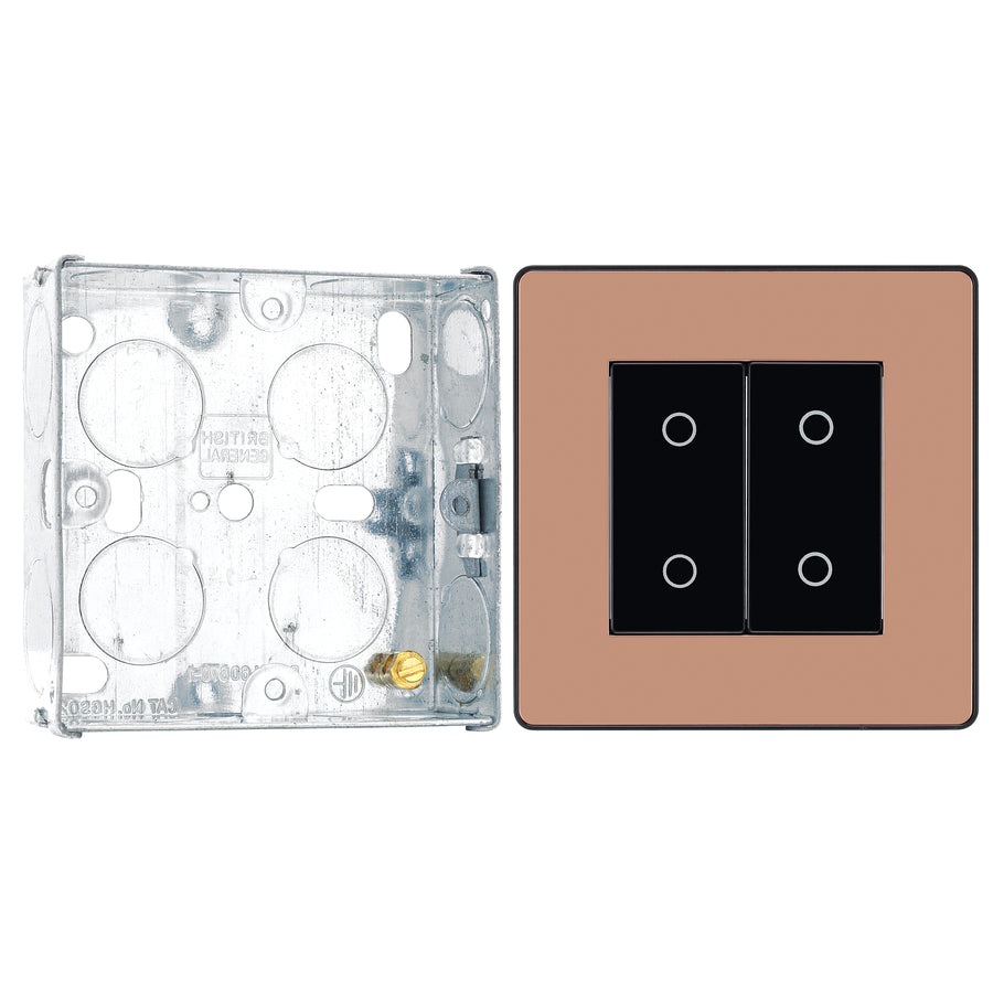 BG Evolve Polished Copper Double Master Touch Dimmer Switch PCDCPTDM2B with 25mm Steel Back Box