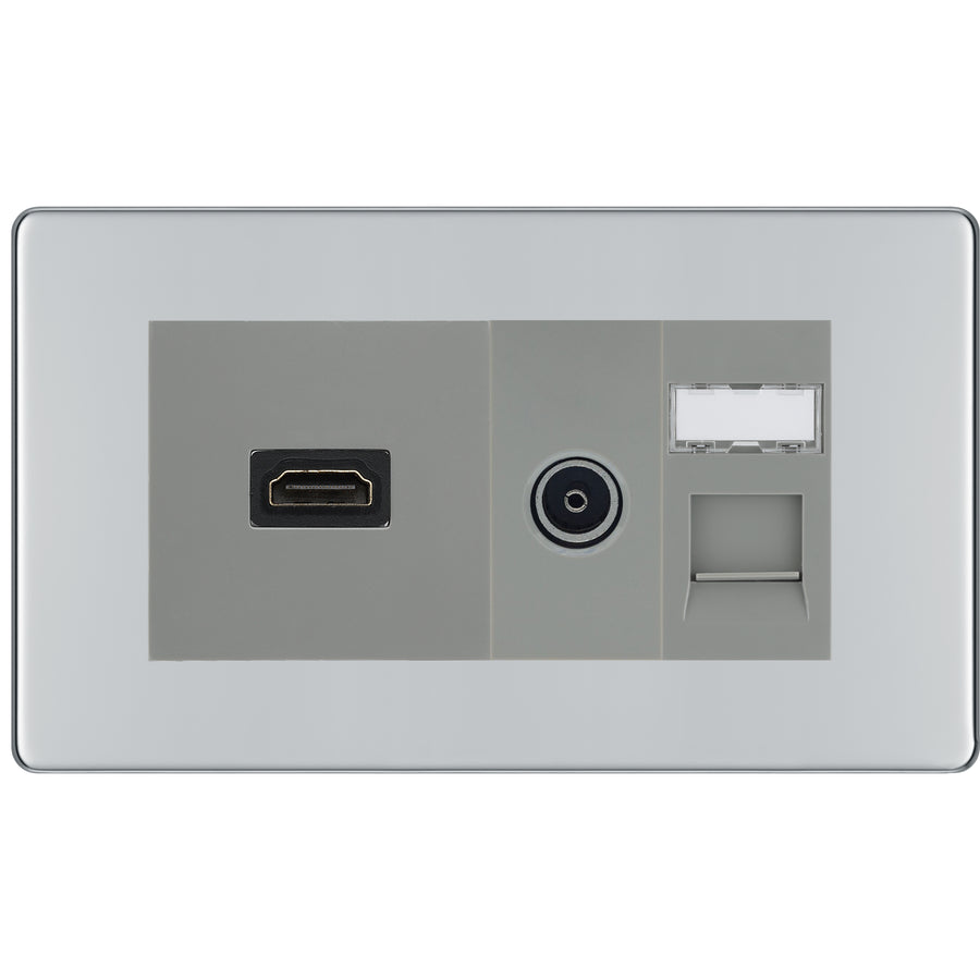 BG Screwless Polished Chrome Media Wall Plate TV Aerial, HDMI & CAT6 Outlet – Grey Insert