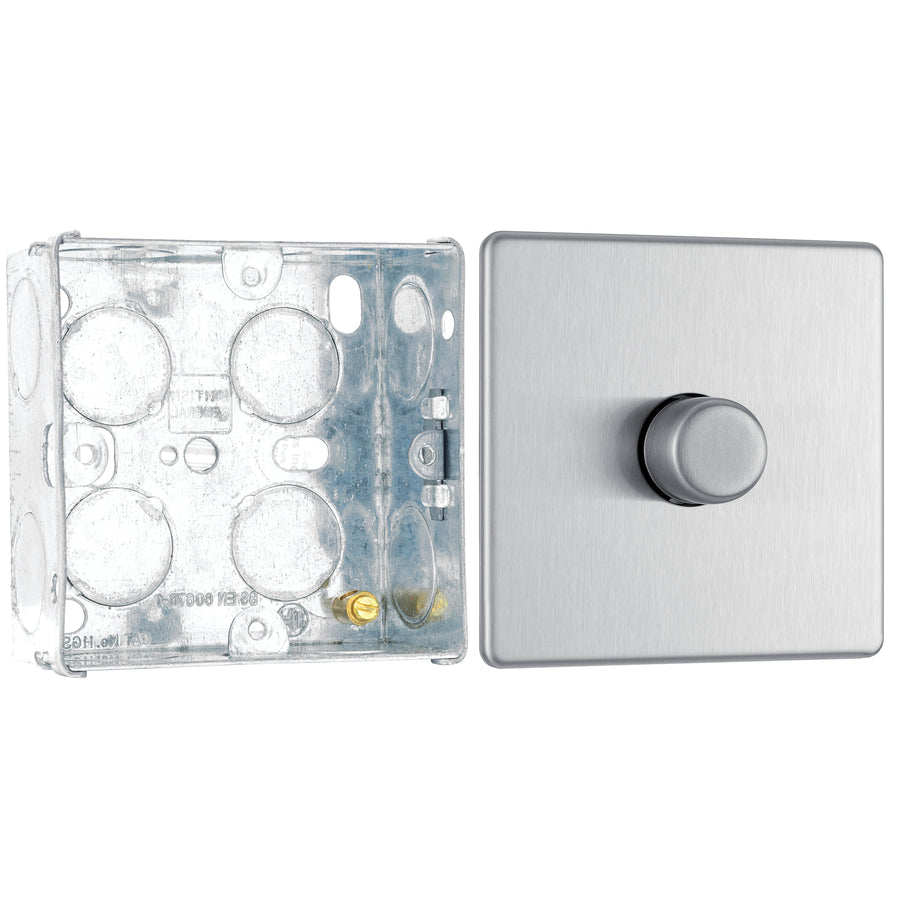 BG Screwless Brushed Steel 200W 2 Way Single Trailing Edge Dimmer Switch FBS81 with 35mm Steel Back Box