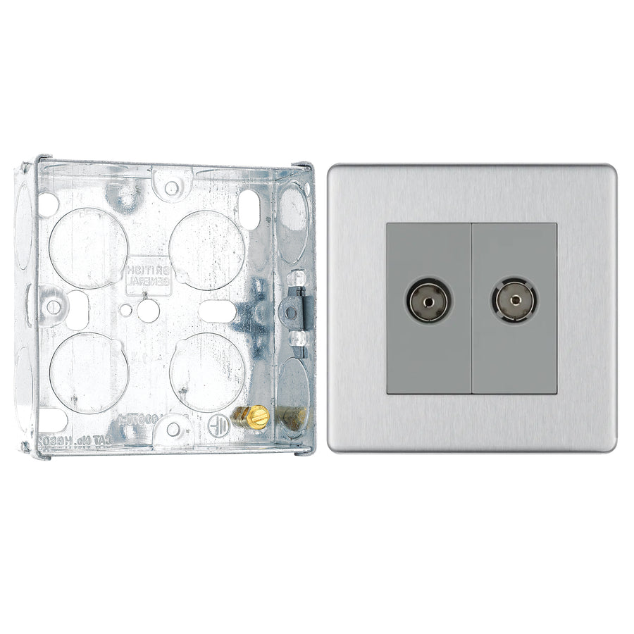BG Screwless Brushed Steel Double Co-Axial Socket FBS61 with 25mm Steel Back Box