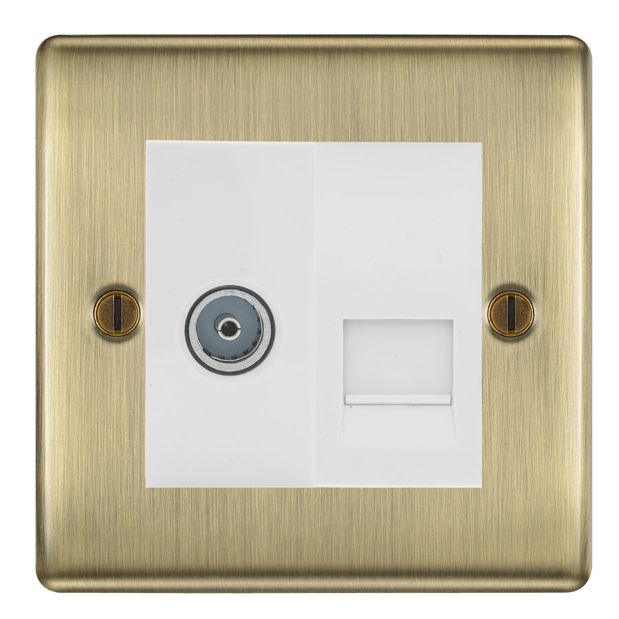 BG Nexus Antique Brass TV Aerial & BT Telephone Outlet Plate — Screened + IDC - White