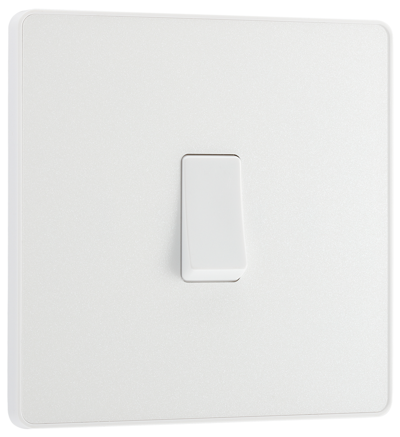 PCDCL12W Front - This Evolve pearlescent white 20A 16AX single light switch from British General will operate one light in a room.