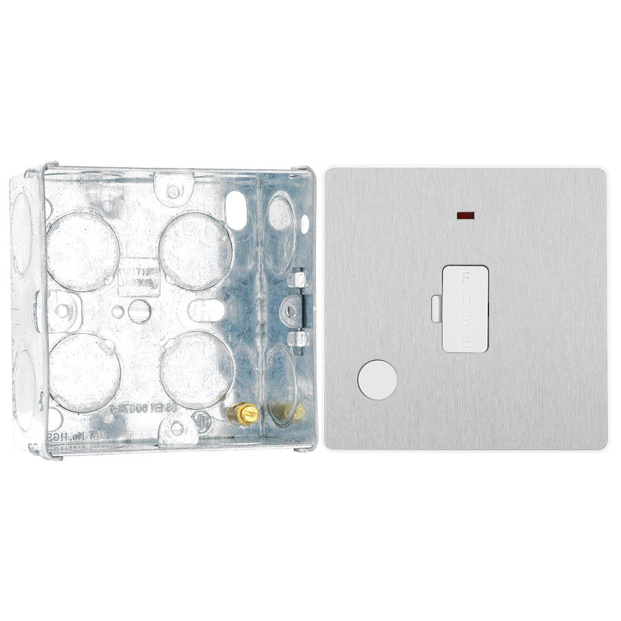BG Evolve Brushed Steel 13A Unswitched Spur with Neon and Flex Outlet PCDBS54W with 35mm Steel Back Box