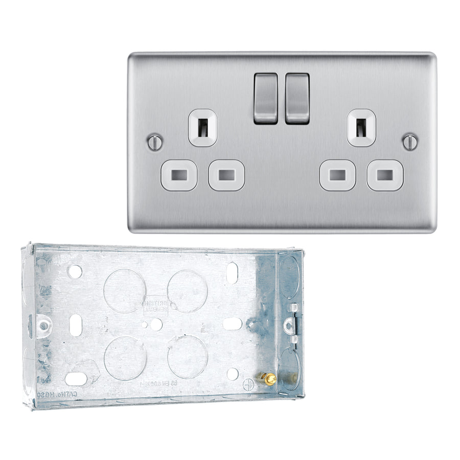 BG Nexus Metal Brushed Steel 13A Double Socket NBS22W with 25mm Steel Back Box