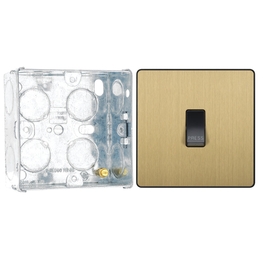 BG Evolve Satin Brass 10AX 1 Way Press Switch PCDSB14B with 35mm Steel Back Box