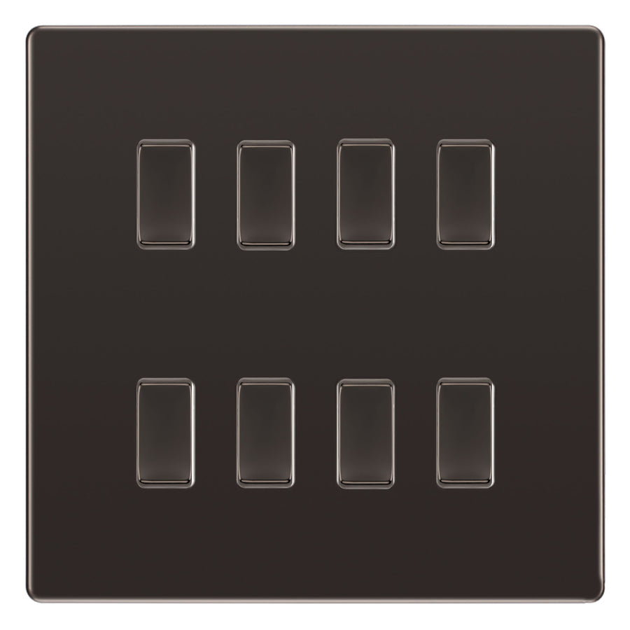 BG Black Nickel Screwless 8 Gang 2 Way Custom Grid Light Switch with Back Box Included