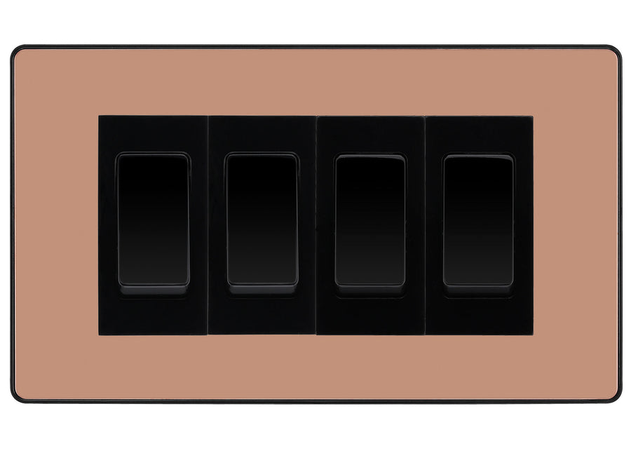 BG Evolve Polished Copper 4-Gang Light Switch 3x 2-Way + 1x Intermediate – Black Inserts