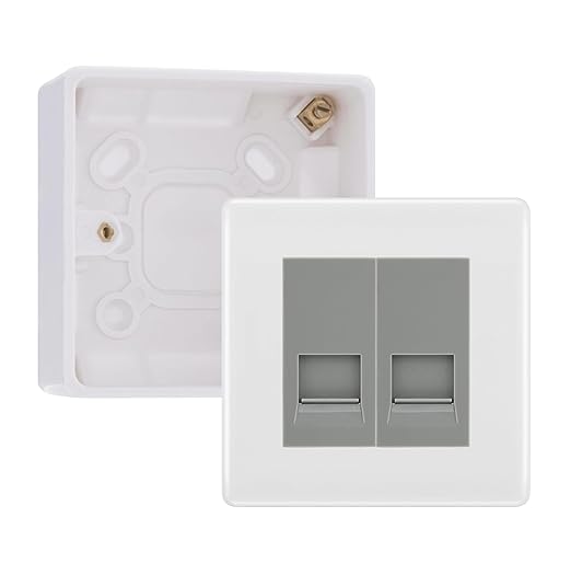 BG White Moulded Double RJ11 Telephone Socket Euro Module with 32mm Back Box - Grey Insert