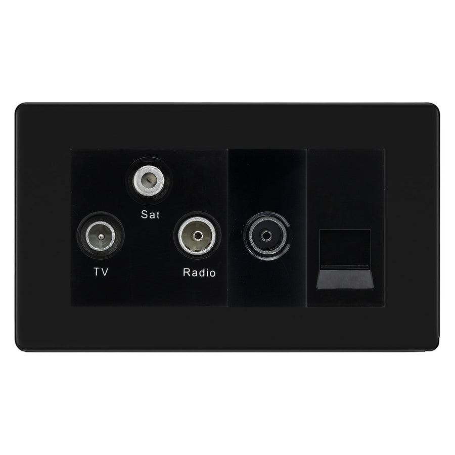 BG Screwless Matt Black TV/FM/SAT + Return & 1 Gang Tel - Screened Triplex Socket FFB68B