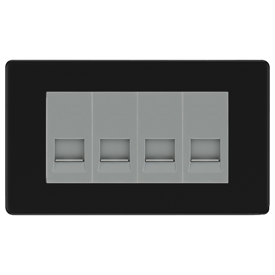 BG Screwless Matt Black 4 Gang Master Telephone Socket - Grey Insert