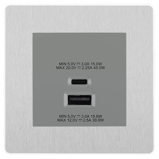 BG Evolve Brushed Steel 45W USB Wall Socket Euro Module USB-A & C - Grey Insert