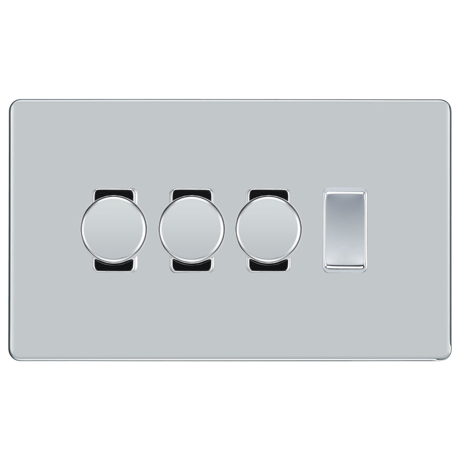 BG Polished Chrome Screwless Flat Plate 4 Gang Light Switch 3x Trailing Edge LED Dimmer 1x 2 Way Custom Switch