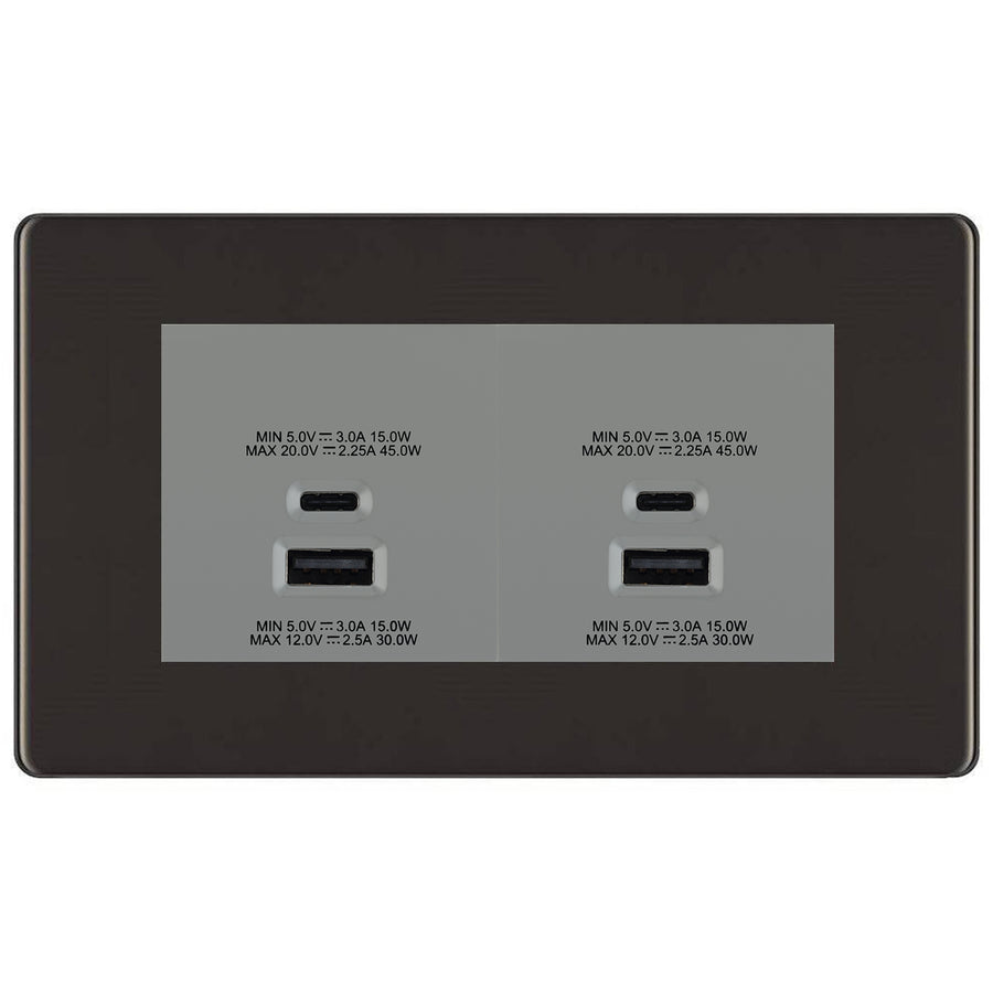 BG Screwless Black Nickel 4G Faceplate with 45W USB A+C Charger Modules – Grey Insert