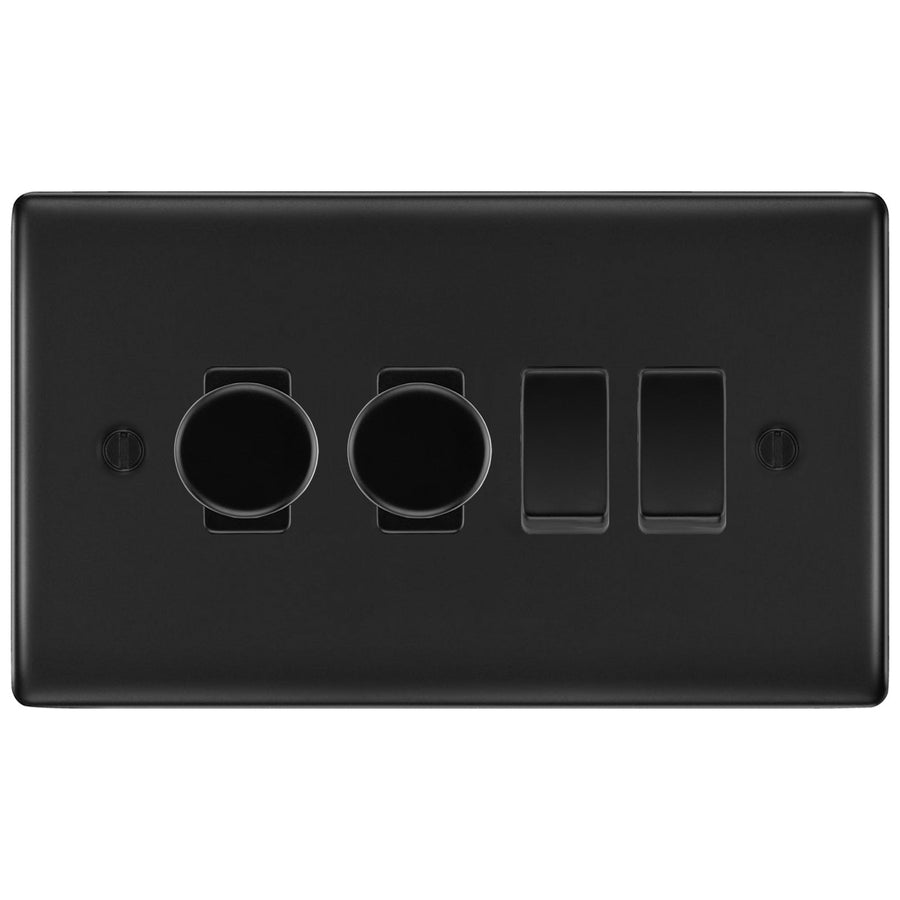 BG Matt Black 4 Gang Switch 2x Trailing Edge LED Dimmer 2x 2 Way Custom Grid Switch