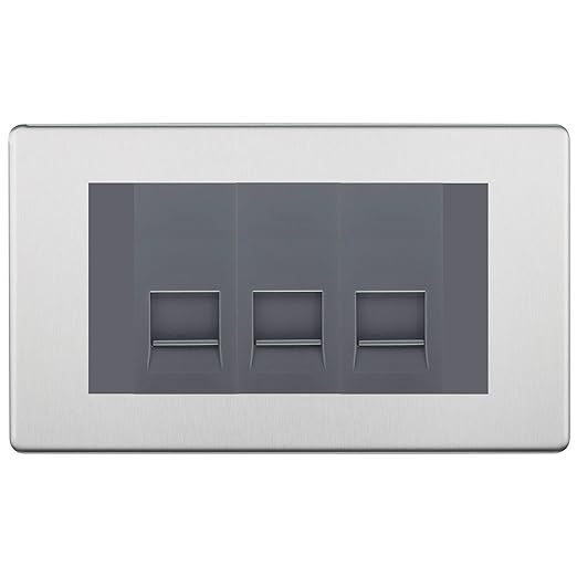 BG Screwless Brushed Steel 3 Gang IDC Secondary Telephone Socket - Grey Insert