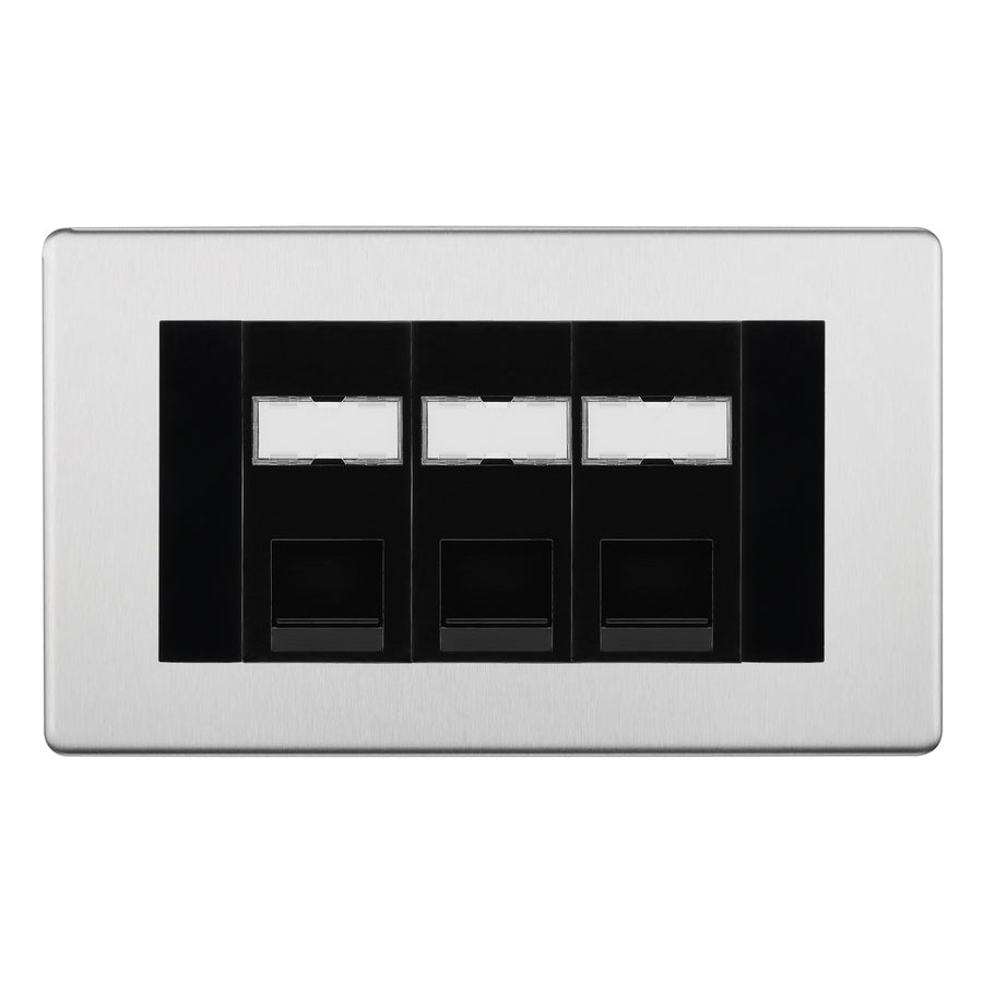 BG Screwless Brushed Steel 3 Gang RJ45 Cat5e Data Socket Black Inserts