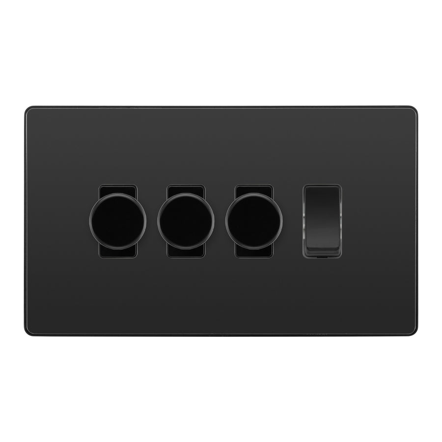 BG Evolve Black Chrome 4 Gang Light Switch 3x Trailing Edge LED Dimmer 1x 2 Way Custom Switch