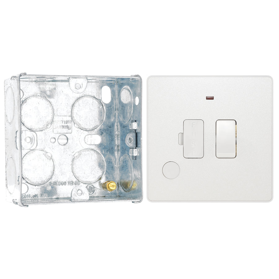 BG Evolve Pearlescent White 13A Switched Spur with Neon and Flex Outlet PCDCL52W with 35mm Steel Back Box