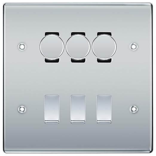 BG Nexus Polished Chrome 6 Gang Switch 3x Trailing Edge LED Dimmer 3x Intermediate Custom Grid Switch