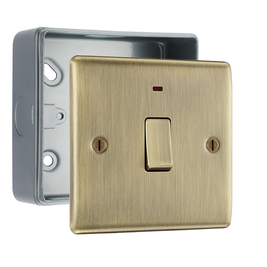 BG Nexus Antique Brass 20A 2 Pole Neon Switch with Surface Pattress Back Box