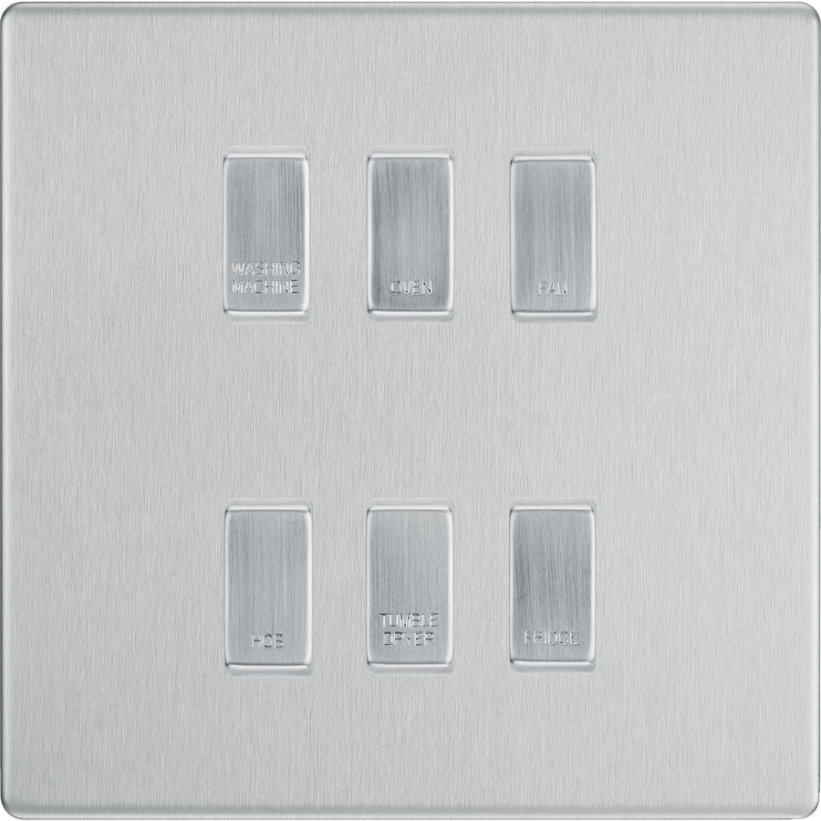 BG Screwless Brushed Steel 6 Gang Engraved Custom Labelled Appliance Grid Switch