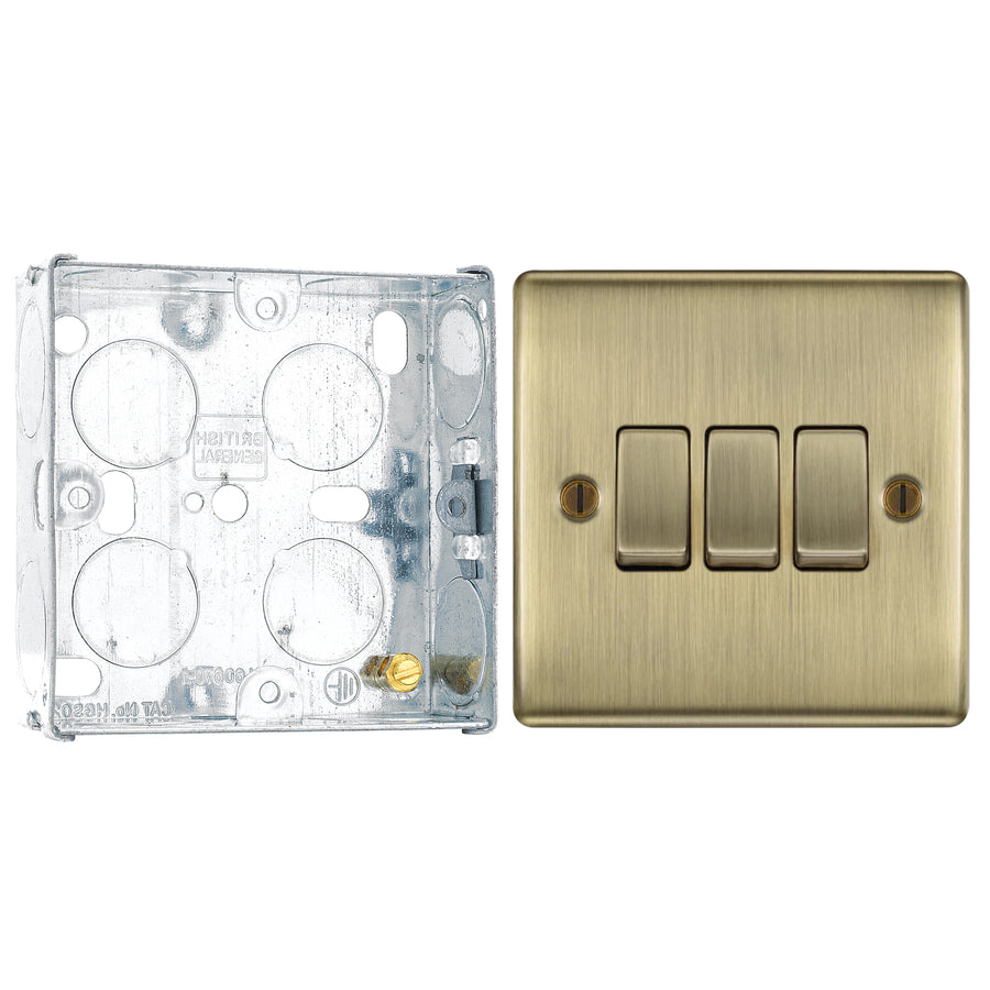 BG Nexus Metal Antique Brass 20A 16AX 2 Way Triple Light Switch NAB43 with 25mm Steel Back Box