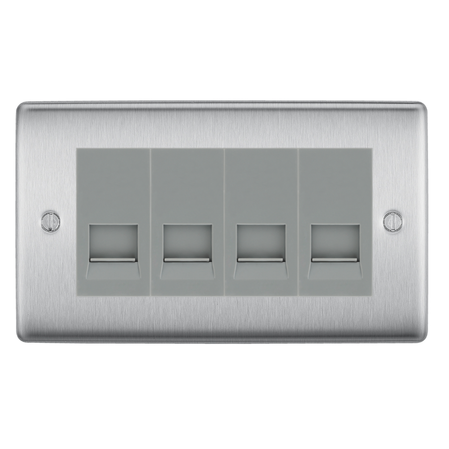 BG Nexus Brushed Steel 4 Gang Secondary Telephone Socket, Screw Terminal - Grey Insert