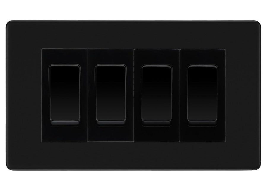 BG Matt Black Screwless 4 Gang 20AX 2-Way Switch Custom Grid - Black Insert