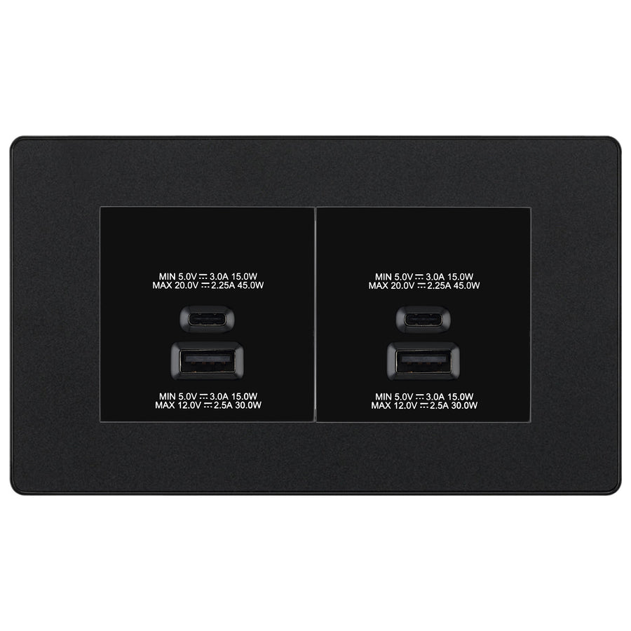 BG Evolve Matt Black 4G Faceplate with 45W USB A+C Charger Modules – Black Insert