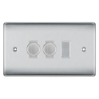 BG Nexus Brushed Steel 3 Gang Switch 2x Trailing Edge LED Dimmer 1x Intermediate Custom Grid Switch