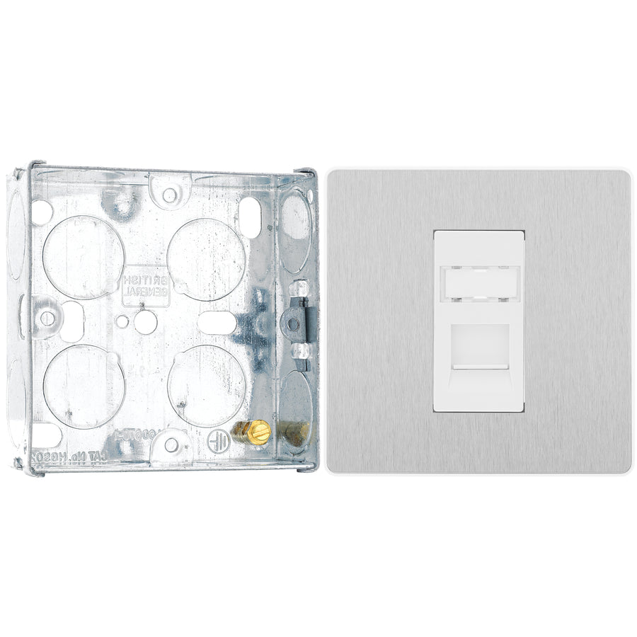 BG Evolve Brushed Steel RJ45 Cat6 Data Outlet PCDBSRJ451W with 25mm Steel Back Box