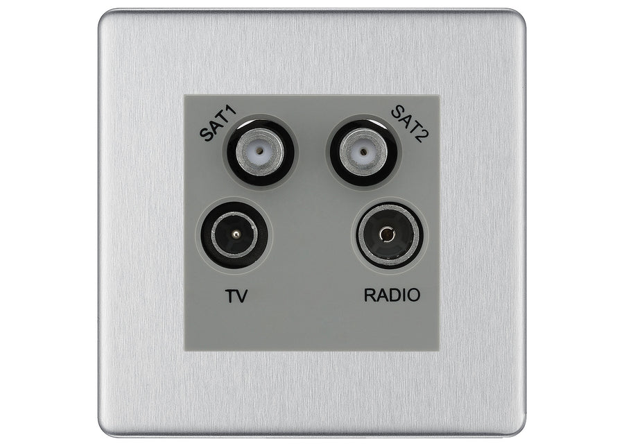 BG Screwless Brushed Steel TV/FM/2x SAT Quadplex Socket – Grey Insert