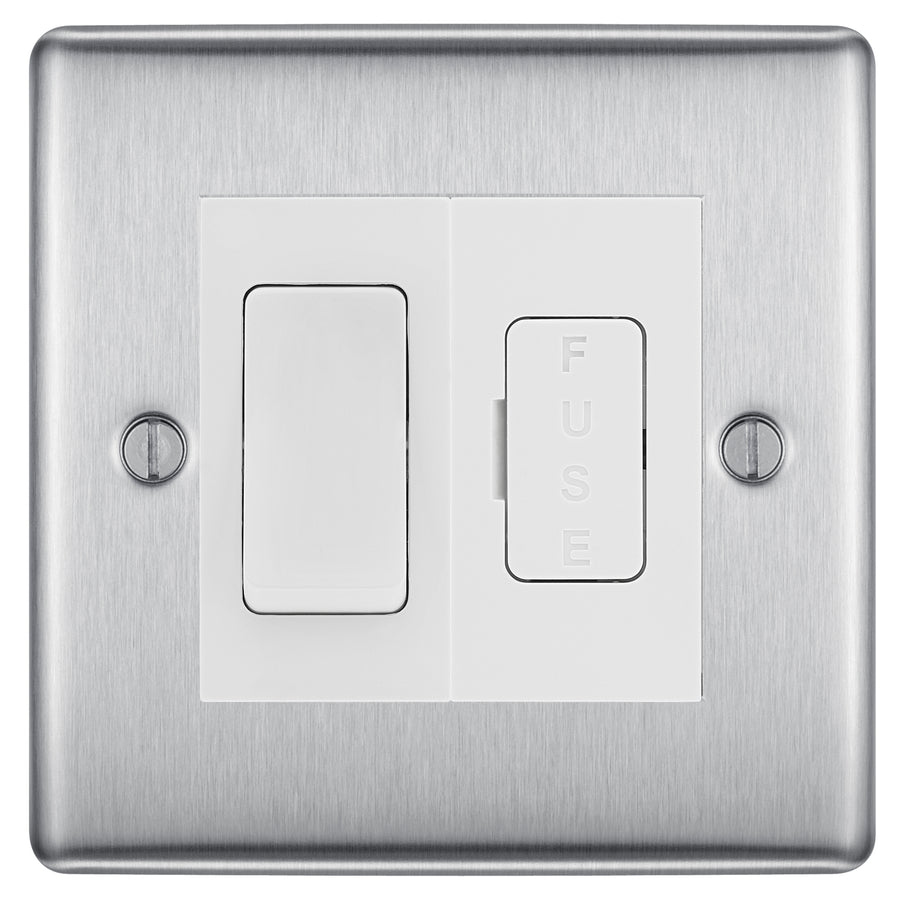BG Nexus Metal Brushed Steel 20A Double Pole Switch & 13A Fused Spur Plate | White Insert