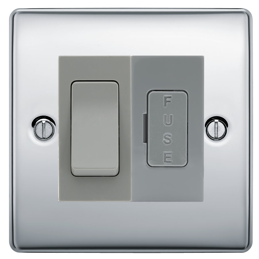 BG Nexus Metal Polished Chrome 20A Intermediate Switch & 13A Fused Spur Plate | Grey Insert