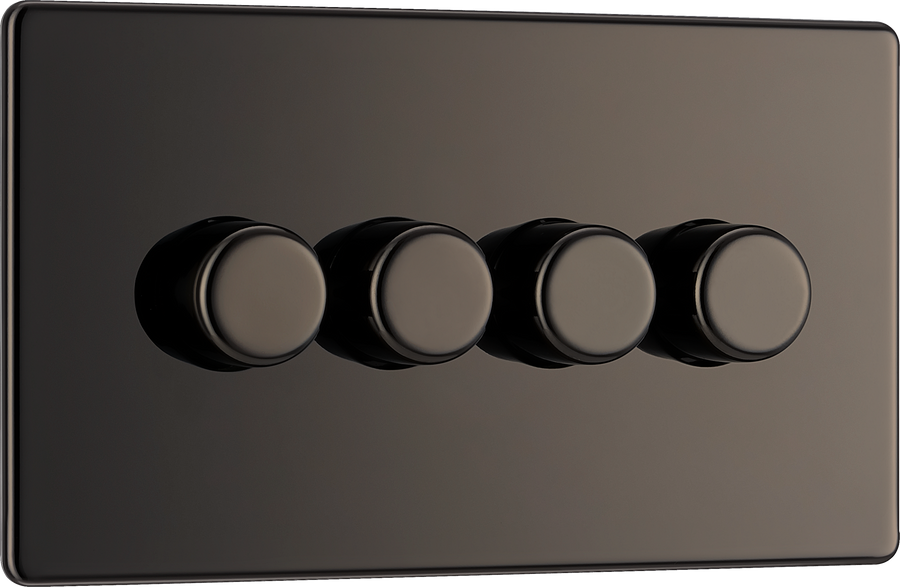 FBN84 Front -This trailing edge quadruple dimmer switch from British General allows you to control your light levels and set the mood. The intelligent electronic circuit monitors the connected load and provides a soft-start with protection against thermal, current and voltage overload.