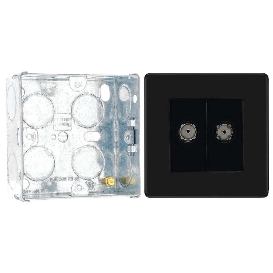 BG Screwless Matt Black 2 Gang Coaxial TV Socket FFB61 with 35mm Steel Back Box