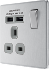 FBS21U2G Front - This completely screwless and slimline flat plate 13A single power socket from British General comes with two USB charging ports allowing you to plug in an electrical device and charge mobile devices simultaneously without having to sacrifice a power socket.