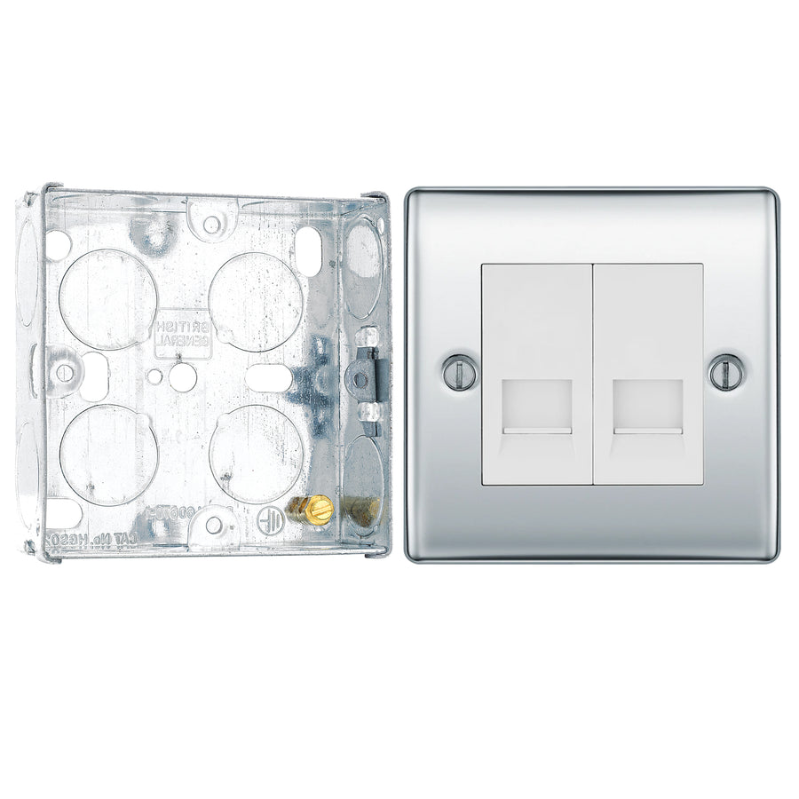 BG Nexus Polished Chrome Double Master Telephone Socket NPCBTM2 with 25mm Steel Back Box