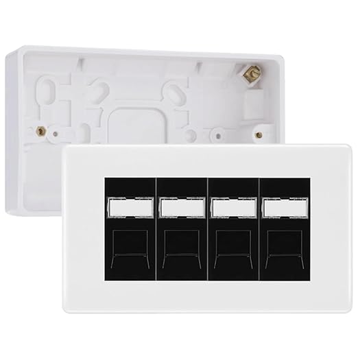 BG Nexus White RJ45 CAT6 Module with 4 Gang Faceplate, 4 Port Network Socket & 32mm Back Box (Black Insert)