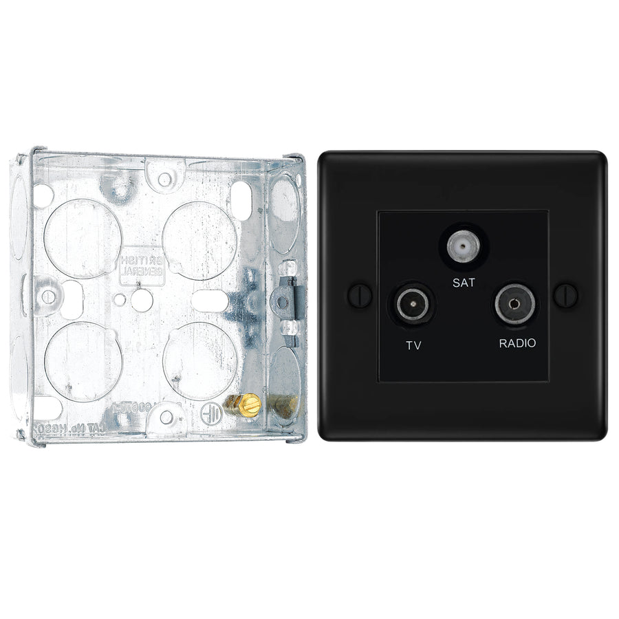 BG Nexus Matt Black Triplex TV/FM/Sat Socket NFB67 with 25mm Steel Back Box
